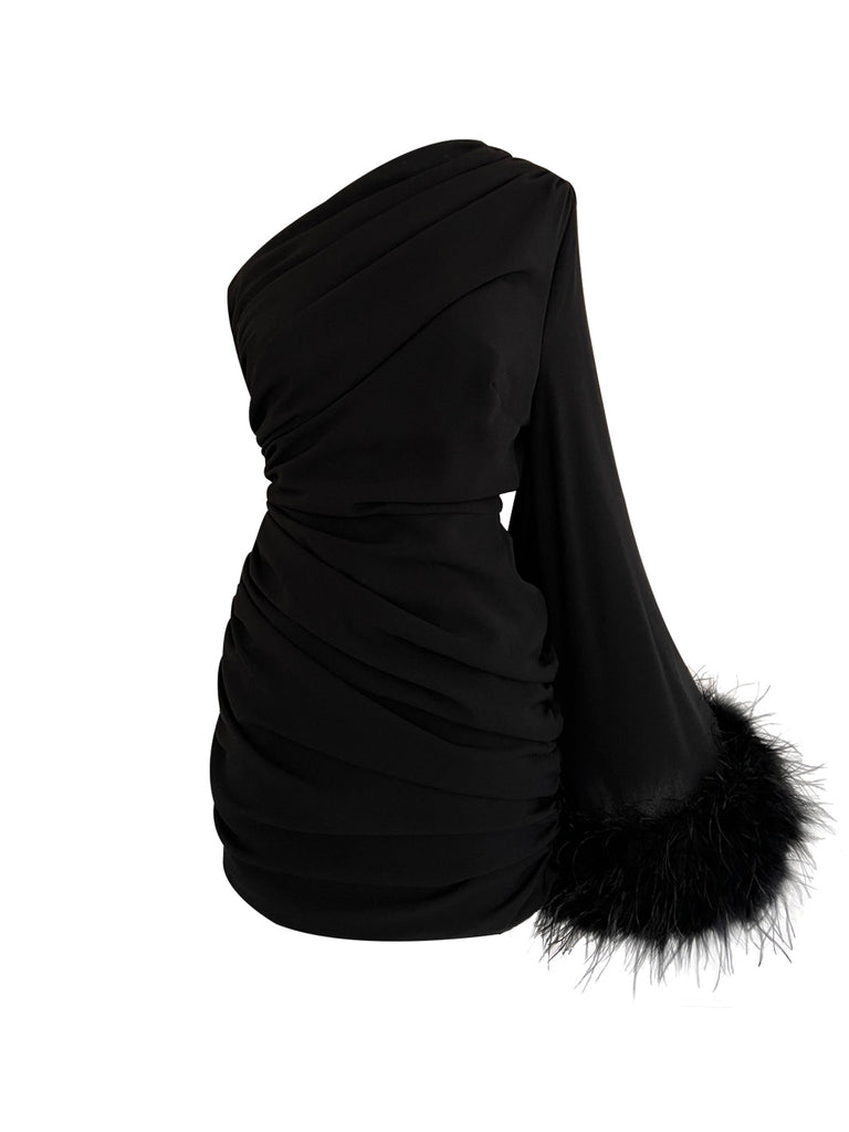 ADEN - Siyah Tek Omuz Mini Elbise 