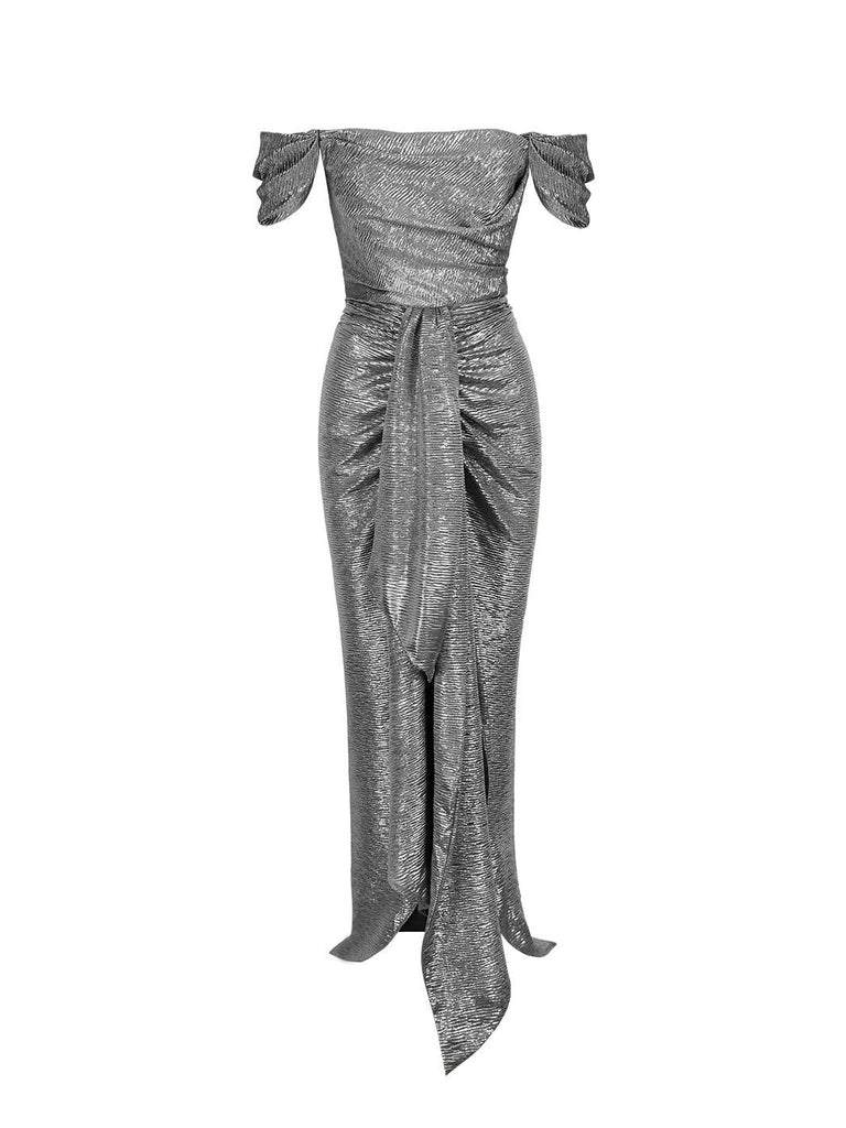 CLEO - Gümüş Düşük Kol Uzun Gece Elbisesi