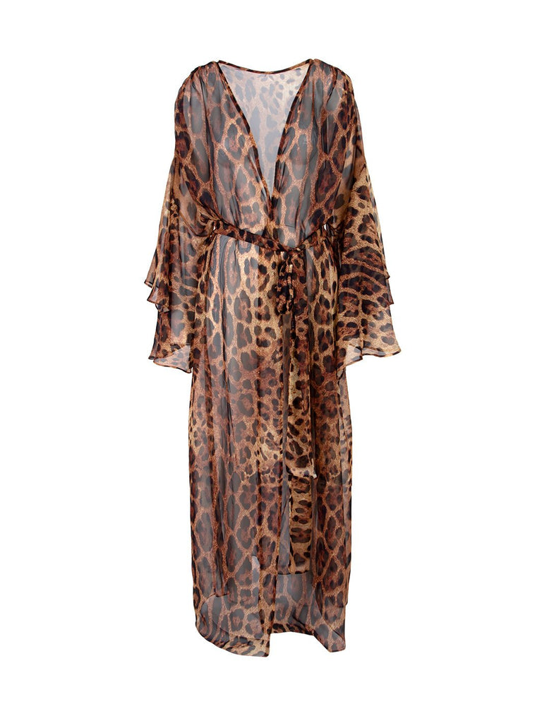 GINNY - Leopar Desenli Yarasa Kollu Kimono