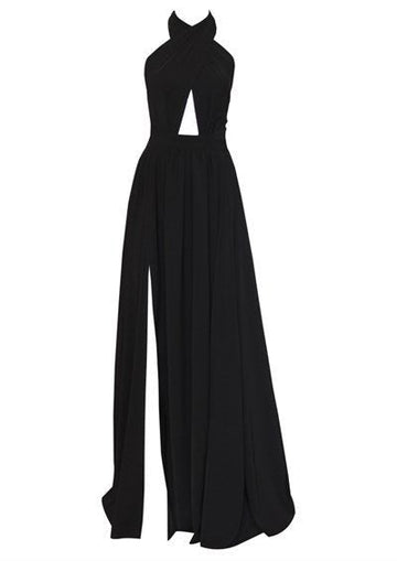 HELENIA - Siyah Bağlamalı Yırtmaçlı Uzun Elbise 