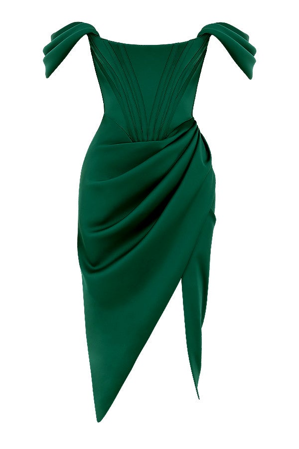 JASMINE - Zümrüt Yeşili Saten Korseli Yırtmaçlı Mini Elbise