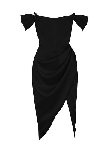 JASMINE - Siyah Saten Korseli Yırtmaçlı Mini Elbise