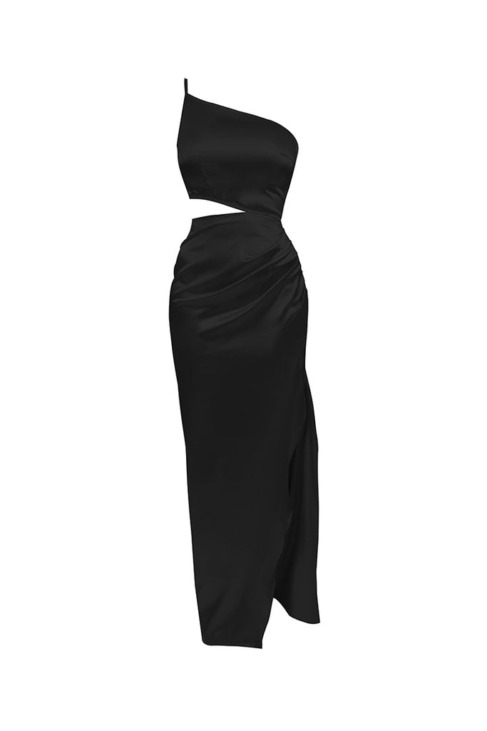 LIANA - Siyah Saten Yırtmaçlı Uzun Elbise