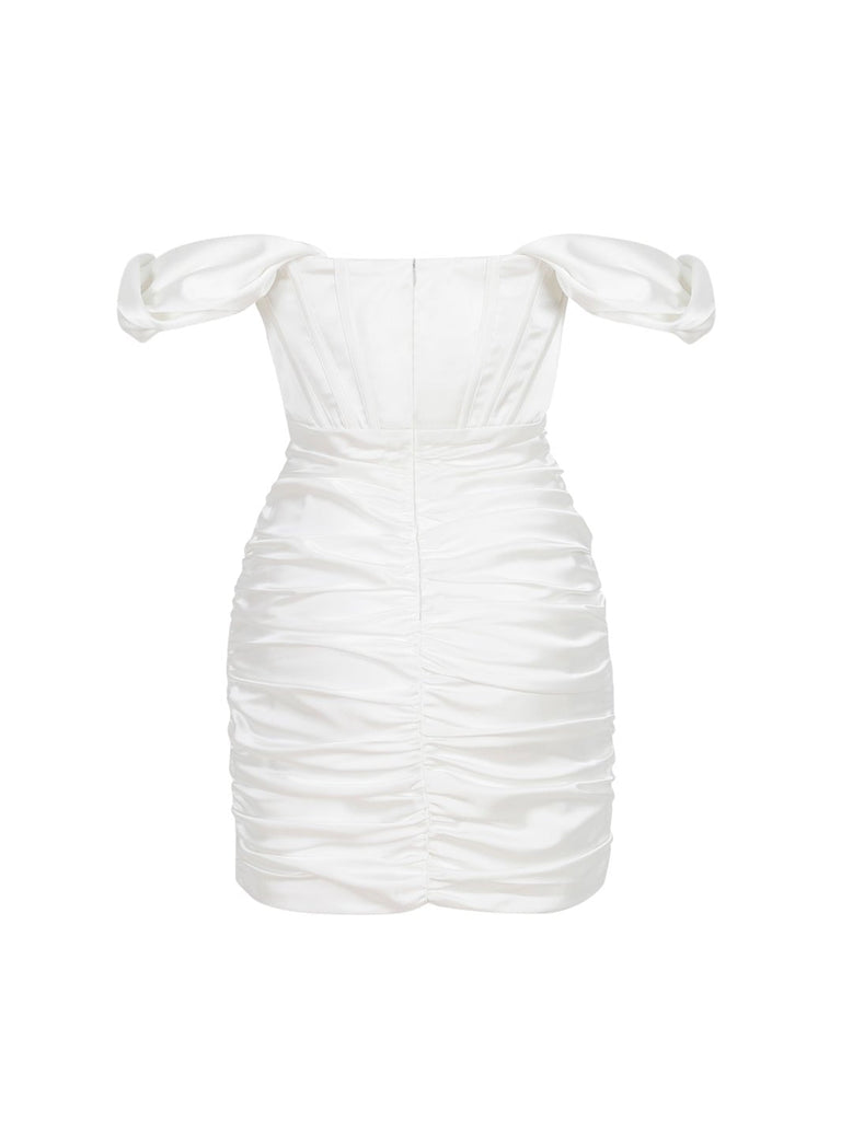 LYDIA - Beyaz Saten Balenli Mini Elbise