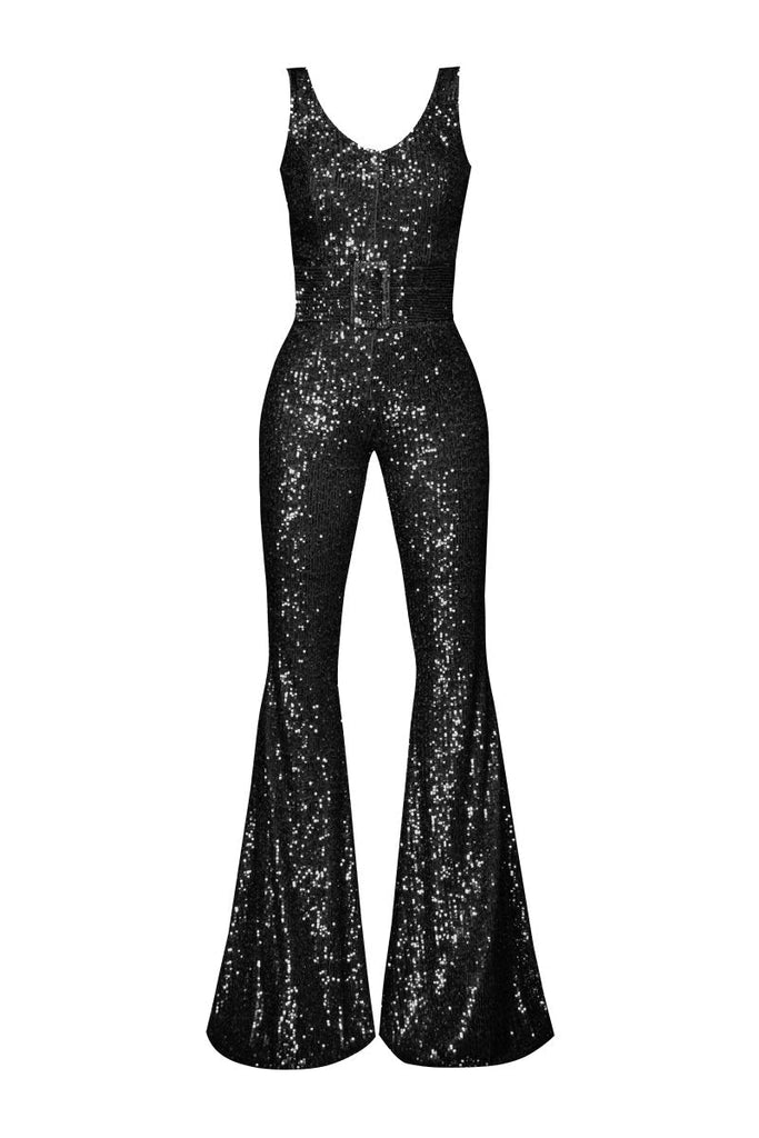 RIKA JUMPSUIT - Siyah Payetli Kemerli İspanyol Paça Tulum