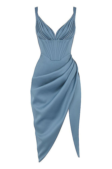 SCARLETT - Mavi Drapeli Saten Yırtmaçlı Midi Elbise
