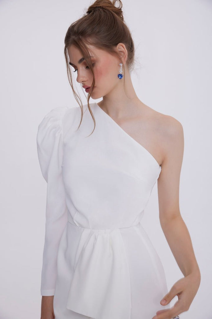 SNOWY KREP - Beyaz Krep Tek Omuz Midi Elbise