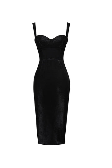 TESSA - Siyah Parlak Kumaş Askılı Kalem Midi Elbise
